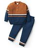 Babyhug Knitted Full Sleeves Sweater Set with Henley Neck & Color Block Design - Ochre Brown & Navy Blue