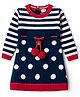 Babyhug Knit Full Sleeves Striped Woollen Dress with Pom Pom Detailing - Navy Blue & Red