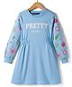 Pine Kids Cotton Knit Full Sleeves Frock With Floral Print - Light Blue