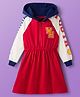 Pine Kids Cotton Knit Full Raglan Sleeves Hooded Sweatshirt Dress With Text Print - Red & White