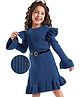 Hola Bonita Knit Full Sleeves Solid Color Textured Woollen Dress with Belt & Frill Detailing - Navy Blue