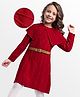 Hola Bonita Knitted Full Sleeves Solid Sweater Dress With Cable Knit Design - Red