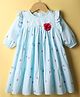 Rassha Full Puffed Sleeves Floral Applique Detailed Striped & Strawberries Printed Tiered Dress - Sky Blue