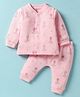 I Bears Fleece Knit Full Sleeves Elephant Printed Front Open Winter Wear T-Shirt & Pant Set - Pink