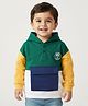 Babyhug Cotton Knit Full Drop Shoulder Sleeves Hooded Sweatshirt with Cut & Sew Design & Camper Graphics - Green Yellow & Navy Blue