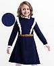 Hola Bonita Knitted Full Sleeves Textured Fabric Sweater Dress With Belt - Navy Blue