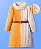 Hola Bonita Knit Full Sleeves Half & Half Woolen Dress with Cable Knit Design & Belt - Yellow & White