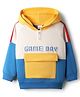 Babyhug Cotton Knit Full Raglan Sleeves Hooded Sweatshirt with Henley Neck Cut & Sew Design & Game Boy Graphics - White Blue & Yellow