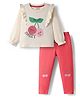 Bonfino 100% Cotton Knit Full Sleeves T-Shirt & Leggings Set With Cherry Print - Ivory & Red