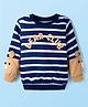 Babyhug Cotton Knit Full Sleeves Striped Sweatshirt With Teddy Bear Print & Applique - Navy Blue & White