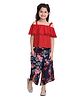 StyleStone Rayon Woven Cold Shoulder Sleeves Lace Detailed Top & Floral Printed Culottes Set - Red & Navy Blue