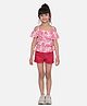 StyleStone Cotton Woven Cold Shoulder Sleeves Floral Printed Top & Shorts Set - Pink & Red