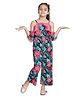 StyleStone Woven Cold Shoulder Frill Detailed Floral Printed Jumpsuit - Pink & Navy Blue