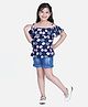 StyleStone Cotton Woven Cold Shoulder Sleeves Dots Printed Top & Shorts Set - Navy Blue