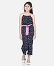 StyleStone Rayon Woven Sleeveless Flamingo Printed Jumpsuit With Belt Set - Navy Blue
