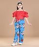 StyleStone Rayon Woven Cold Shoulder Sleeves Solid Top & Floral Printed Trousers - Red & Blue