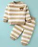 Little Kangaroos Cotton Knit Full Sleeves Winter Wear T-Shirt & Lounge Pant Set With Stripes & Bear Applique - Brown