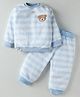 Little Kangaroos Cotton Knit Full Sleeves Winter Wear T-Shirt & Lounge Pant Set With Stripes & Bear Applique - Light Blue