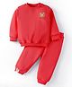 Little Kangaroos Cotton Knit Full Sleeves Winter Wear T-Shirt & Lounge Pant Set With Animal Print - Red