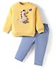 Little Kangaroos Cotton Knit Full Sleeves Winter Wear T-Shirt & Lounge Pant Set With Dino Applique - Yellow & Blue