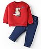 Little Kangaroos Cotton Knit Full Sleeves Winter Wear T-Shirt & Lounge Pant Set With Dino Applique - Red & Navy Blue