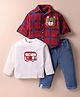 Little Kangaroos Cotton Woven Full Sleeves Sweatshirt Shirt & Jeans Set with Checks Teddy & Vehicle Print - Red White & Blue