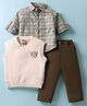 Little Kangaroos Cotton Woven Full Sleeves Checks Shirt & Trouser Set With Vest - Brown