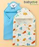 Babyoye 100% Cotton Knit Hooded Towels with Ear Applique & Puppy Print Pack of 2 L 76 x B 76 cm - Light Blue & Cream