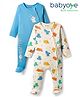 Babyoye 100% Cotton Interlock Knit Full Sleeves Footed Sleepsuit With Animal Print Pack Of 2 - Cream & Blue