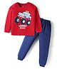 Doodle Poodle 100% Cotton Knit Full Raglan Sleeves Car Printed T-Shirt & Lounge Pant Set - Dark Red & Blue