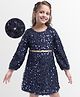 Hola Bonita Knit Full Sleeves Knee Length Fur With Sequin Party Dress With Belt- Navy