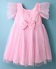 Babyhug Woven Frill Sleeves Mesh Party Dress with Bow Applique & Glitter Print - Pink