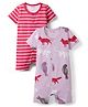 Kookie Kids Interlock Knit Half Sleeves Front Open Striped Rompers with Animal & Birds Print Pack of 2 - Red & Lavender