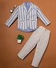 Rikidoos Solid Kurta Style Shirt & Trousers With Full Sleeves Striped Blazer Set - Beige & Light Blue