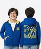 Pine Kids Knit Full Sleeves Hooded SweatJacket with Text Graphic & Kangaroo Pocket - Blue