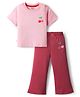 Bonfino 100% Cotton Knit Full Sleeves Oversized T-Shirt & Wide Leg Leggings Set With Cherry Print - Light Pink & Red