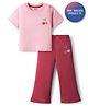 Bonfino 100% Cotton Knit Full Sleeves Oversized T-Shirt & Wide Leg Leggings Set With Cherry Print - Light Pink & Red