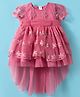ToffyHouse Woven Puff Sleeves Frock with Floral Embroidery Ruffles Detailing - Magenta Pink
