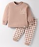 Teddy Sinker Knit Full Sleeves Night Suit with Checks & Fun Time Text Print - Light Brown