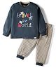 Teddy Sinker Knit Full Sleeves Night Suit With Text Print & Stripes - Charcoal Grey
