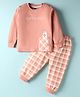 Teddy Sinker Knit Full Sleeves Animal & Text Printed Night Suit With Checks - Light Red