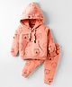 Teddy Knit Full Sleeves Hooded Co-ords Fleece Winter Wear Night Suit with Animal Print - Peach