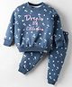 Teddy Fleece Knit Full Sleeves Floral & Text Printed Winter Night Suit - Navy Blue
