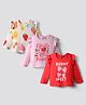 Bonfino 100% Cotton Knit Full Sleeves T-Shirt with Tropical Print with Frill Detailing Pack of 3 - Pink Red & Ivory
