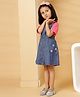 Budding Bees Denim Knit Floral Patch Embroidered Pinafore Dress With Half Sleeves Polka Dots Printed Top - Pink & Blue