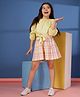 Budding Bees Cotton Woven Three Fourth Puffed Sleeves Self Design Top & Checked Skirt Set - Yellow