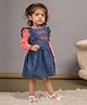 Budding Bees Cotton Woven Floral Embroidered Frill Detailed Pinafore Dress With Full Sleeves Tee - Blue