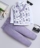 Fourfolds Woven Full Sleeves Chevron Embroidered Abstract Printed 3 Piece Party Suit Set With Bow - Purple