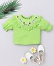 Aww Hunnie 100% Cotton Woven Half Peasant Sleeves Floral Embroidered Top - Green