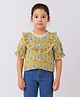 Aww Hunnie 100% Cotton Woven Half Peasant Sleeves Floral Motifs Printed Top - Mustard